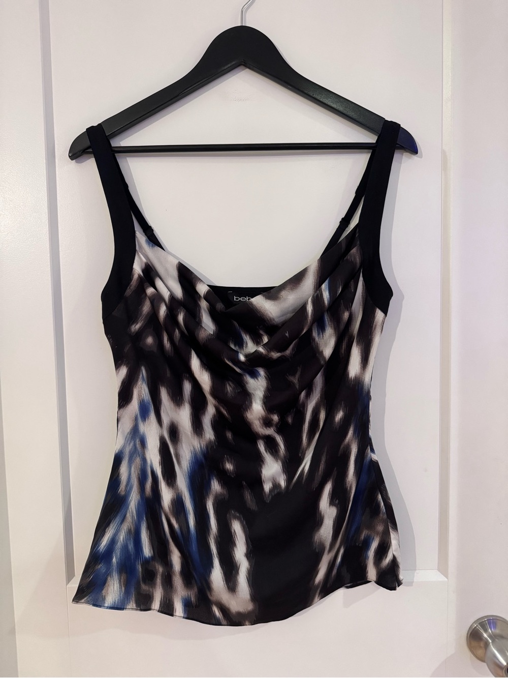 Bebe Black & Blue Print Cowl Neck Satin Tank
